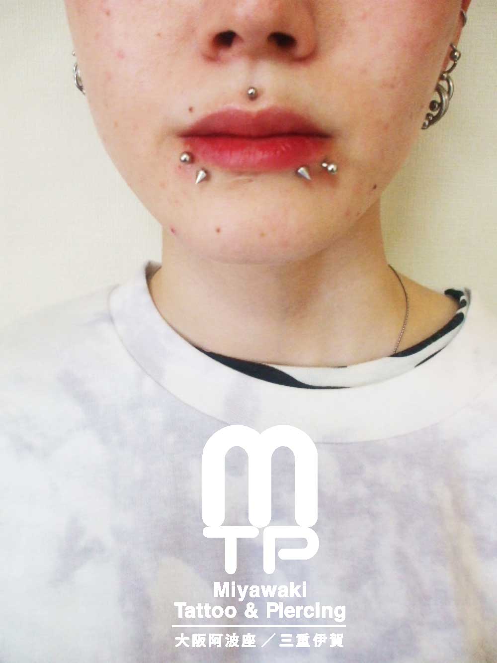 部位及び名称　左右に２づつでコーンのキャッチも使用した合計４個のリップピアスとメデューサ