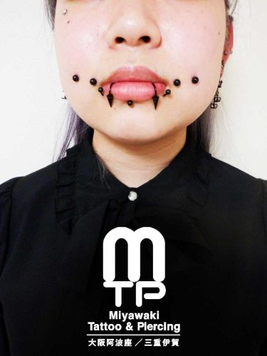 ピアスの部位及び名称　左右の頬に２連で合計４個のチークピアス、下唇中央にラブレットピアス、左右の下唇端にスクリューピアスジュエリーでリップピアス、右目下にマイクロダーマルでのアンチアイブロー