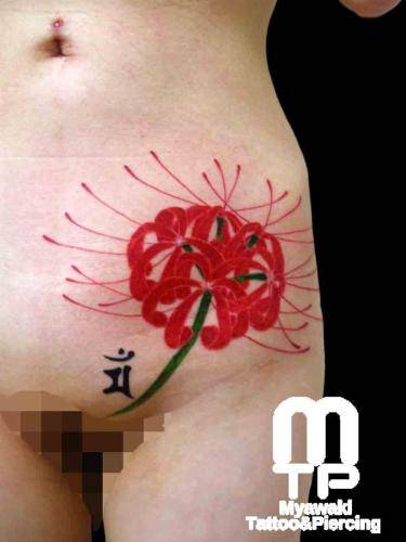 下腹部に梵字。下腹部から伸びる茎でリアルな雰囲気の赤い彼岸花。