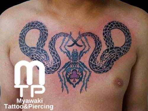 胸に左右に黒色で蛇のシルエット、中央に緑系の色で蜘蛛のシルエットでのデザイン。